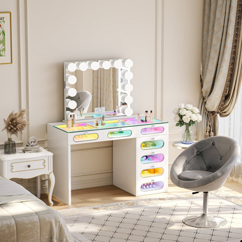 Priscilla-7 Glass Fronted Drawers Vanity Set with Mirror & Chair