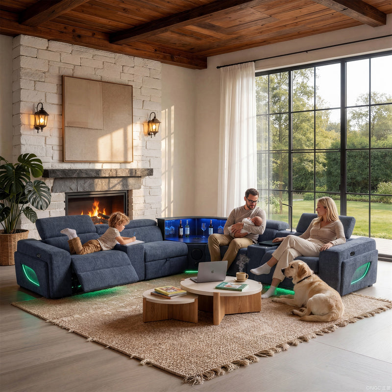 Power Recliner Air Leather Sectional Blue