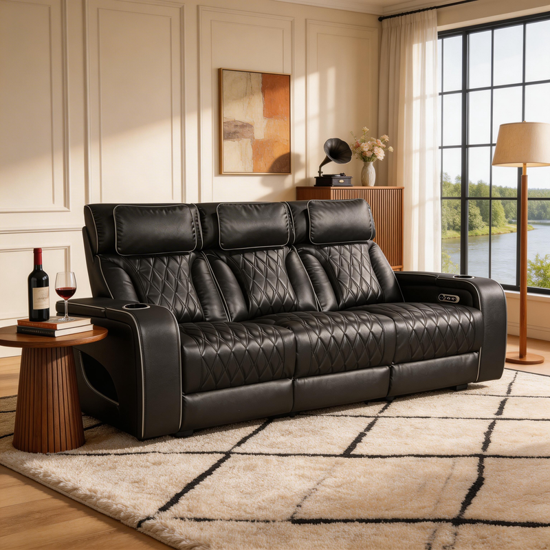Power Recliner Black 3-seater Sofa