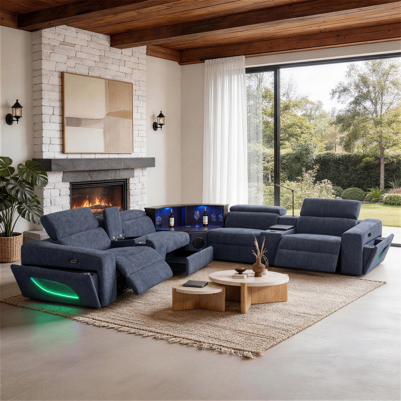 Power Recliner Air Leather Sectional Blue