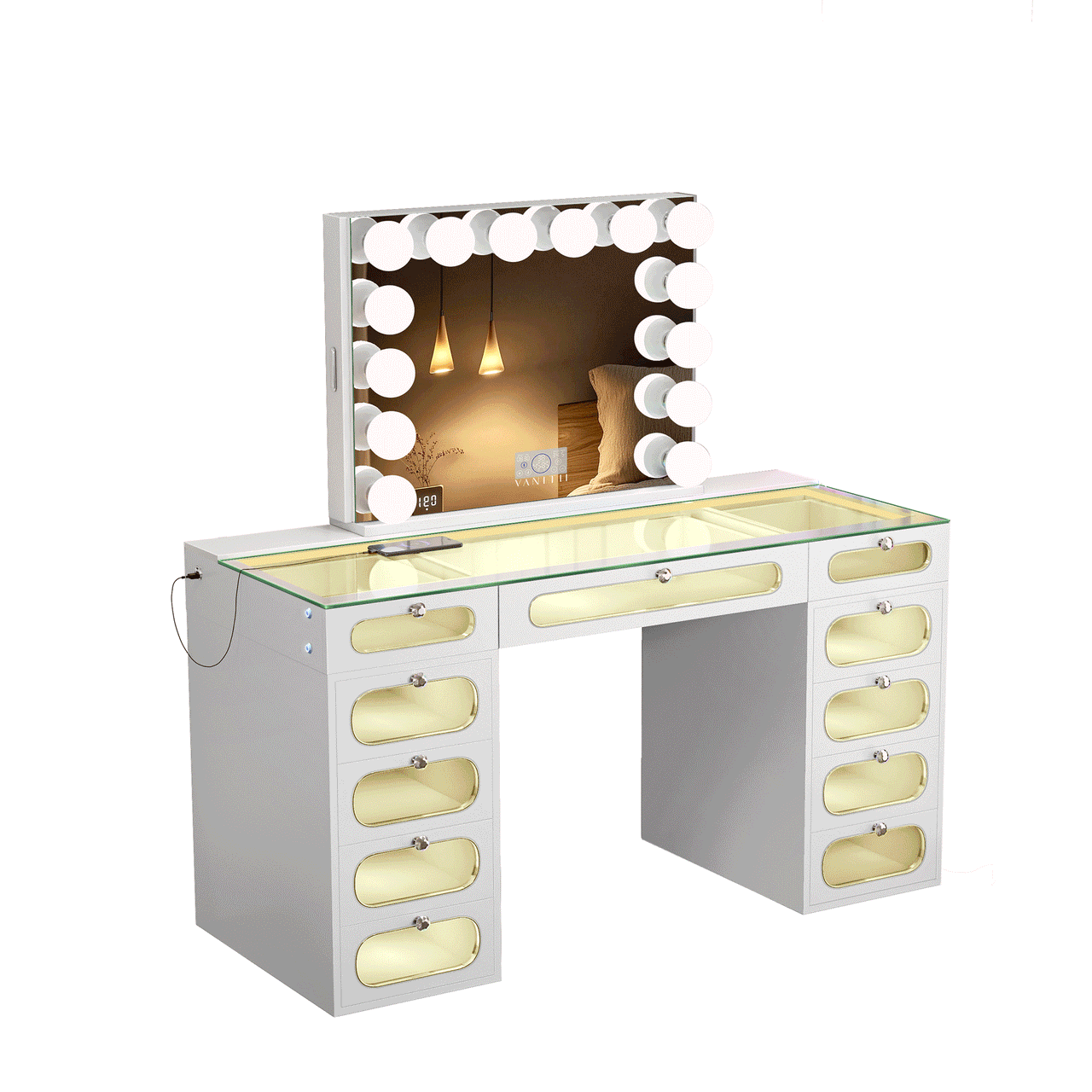 Priscilla Makeup Vanity Set with Jewelry Storage Mirror, 11-Drawer Vanity Table & chair