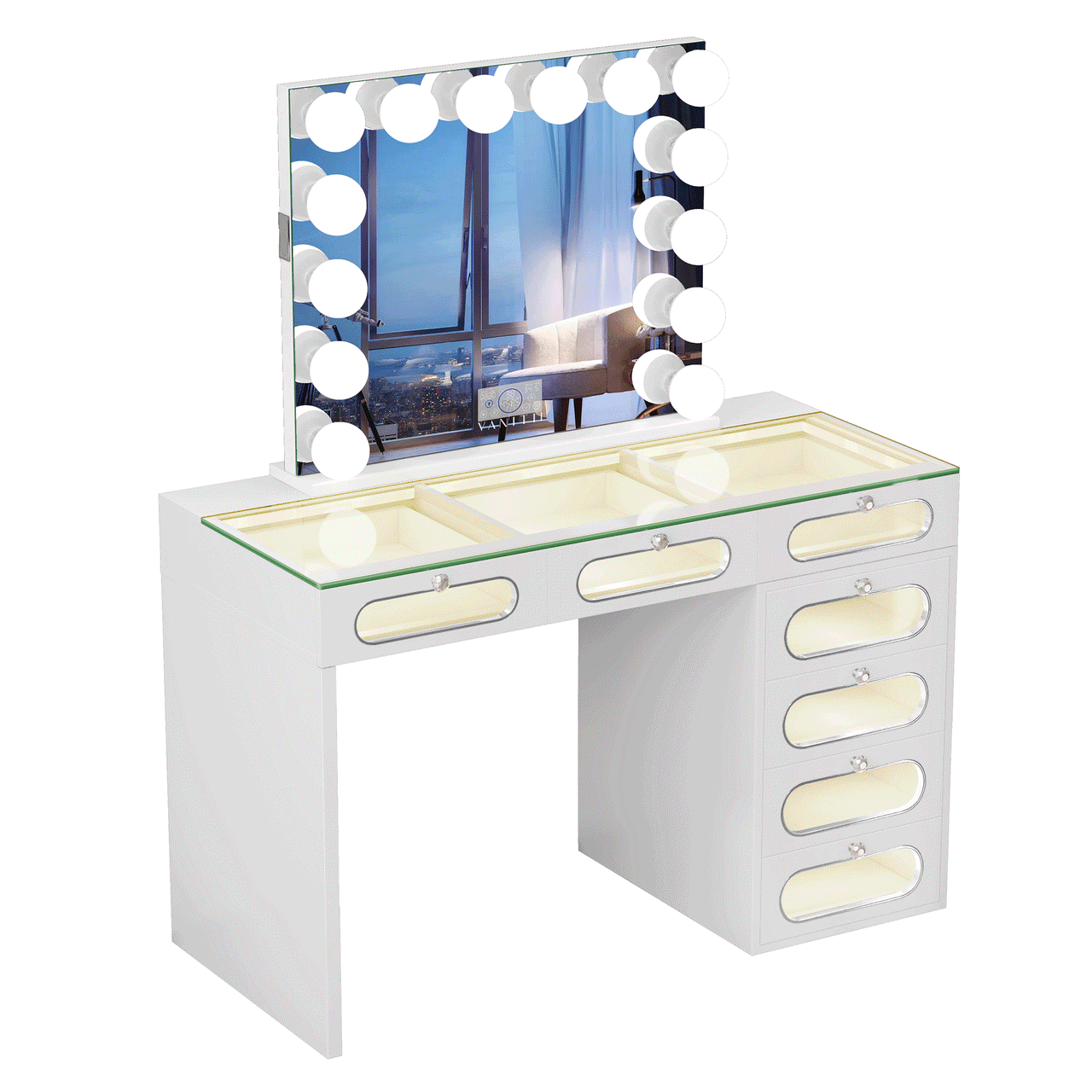 Priscilla-7 Glass Fronted Drawers Vanity Set with Mirror & Chair