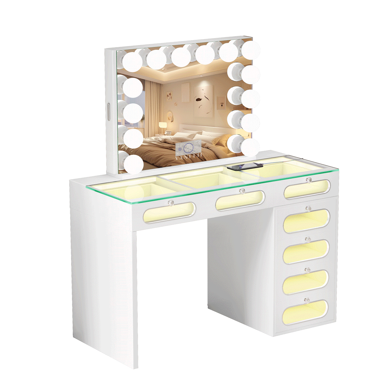 Priscilla 7 Glass Fronted Drawers Vanity Set with Mirror and Chair